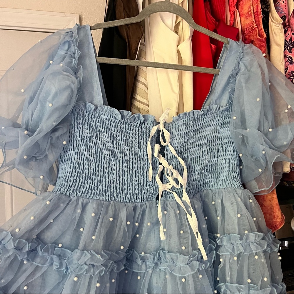 Sister Jane Powder Blue Tulle Mini Dress with Puff Sleeves - Picture 4 of 6